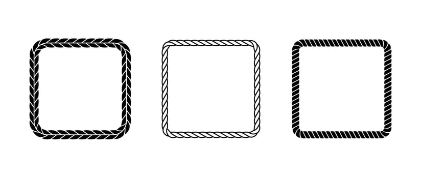 Set of rope frames. Squared cord border collection. Rectangular rope pack. Chain, braid or plait border bundle. Square design elements for decor, banner, poster, booklet. Decoration frames vector