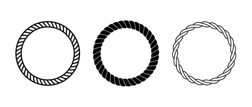 Rope frame set. Round cord border collection. Circle rope wreath loop pack. Chain, braid or plait border bundle. Circular design elements for decoration, banner, poster. Decoration frames vector