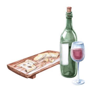 Wooden tray with different types of cheese and a bottle of red wine. Isolated watercolor illustration in a realistic style for restaurant menu design, bar interior, textile printing. png