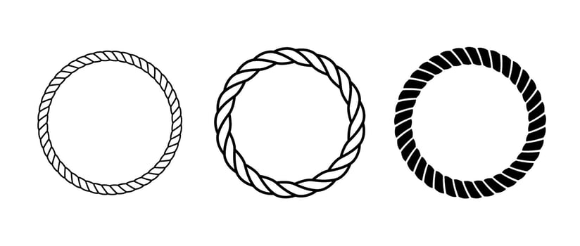 Rope frames set. Round cord borders collection. Circle rope wreath loop frames. Chain, braid or plait border bundle. Circular design elements for decoration, banner, poster. vector