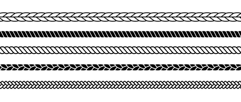Repeating ropes set. Seamless hemp cord lines collection. Black chain, braid, plait stripes bundle. Horizontal decorative plait pattern. Twine design elements for banner, poster, frame vector