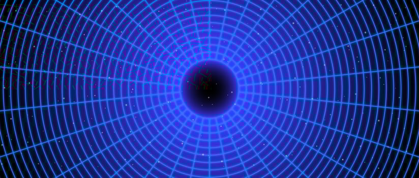 Blue glowing wireframe tunnel. Neon wormhole in dark space with stars. Grid tunnel in perspective. Funnel or portal illusion. Circular mesh structure tube. Optical illusion art vector