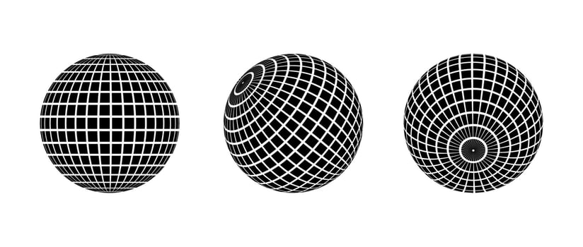 Black disco ball set. Collection of wireframe spheres in different angles. Grid globe or checkered ball bundle. Mirrorball element pack for poster, banner, music cover, party. vector