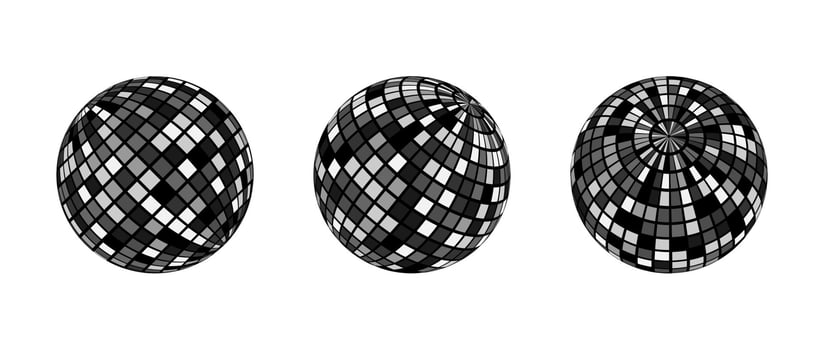 Black and grey disco ball set. Collection of shining spheres in different angles. Turning music globe or planet bundle. Mirror ball element pack for poster, banner, music cover, party. vector