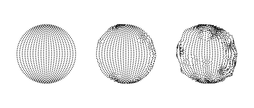 Set of dotted spheres with dissolve effect. Stippled disintegrating circle collection. Halftone texture balls with noise dotwork grain. Radial grunge particles. Dot sphere element bundle. vector