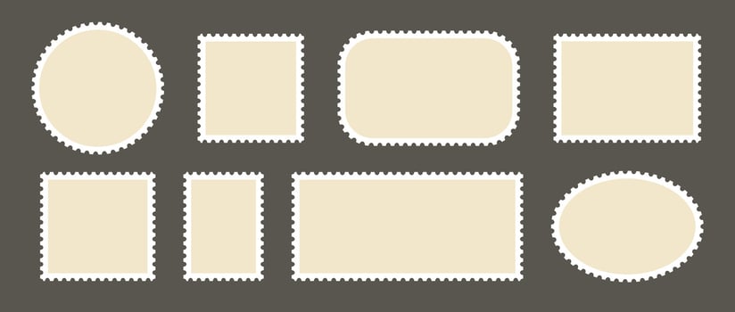 Postage stamp set. Post stamp frames and borders. Beige round and rectangular template for mail, postcard, letter. Jagged wavy edge forms. Vintage objects for poster, banner, badge, sticker. vector