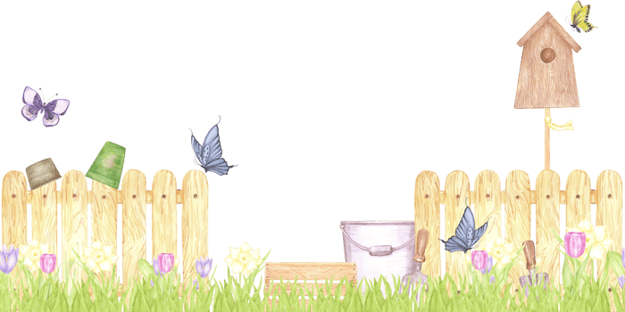 Hand drawn watercolor garden fence and tools with blooming flowers seamless border isolated on no background. Can be used for textile, postcard, scrapbook and other printed products png