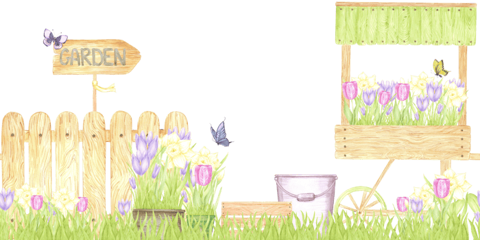 Hand drawn watercolor garden fence and cart with blooming flowers seamless border isolated on no background. Can be used for textile, postcard, scrapbook and other printed products png