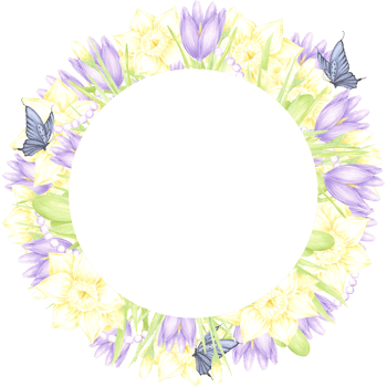 Hand drawn watercolor daffodil and crocus with butterflies and pearls wreath frame border isolated on no background. Can be used for postcard, invitation, scrapbook and other printed products png