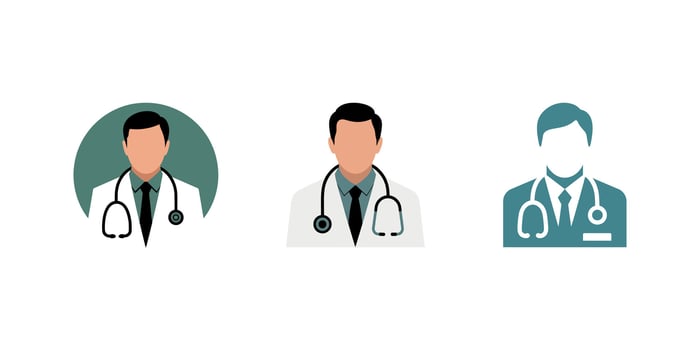 Three Doctor Icons Depicting Medical Professionals Wearing Stethoscopes and Lab Coats on White Background vector