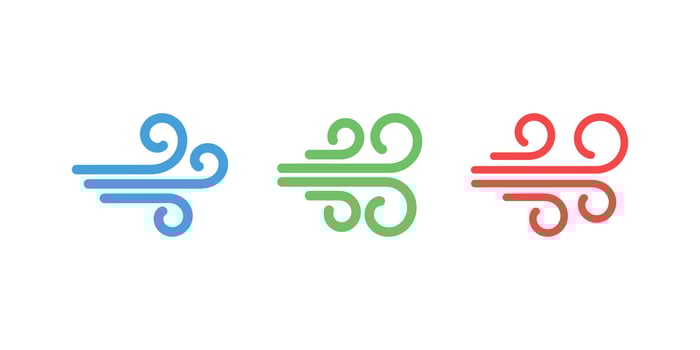Three Isolated Wind Stream Icons in Blue, Green, and Red on White Background vector