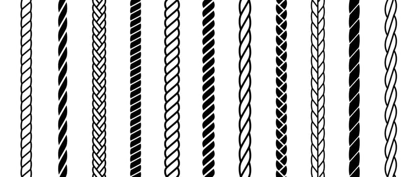 Repeating rope set. Seamless hemp cord line collection. Black chain, braid, plait stripe bundle. Vertical decorative plait pattern. Marine twine design elements for banner, poster, frame, decor vector