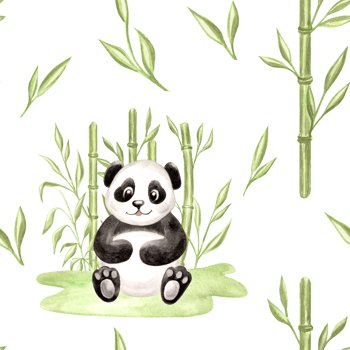 Cute baby pandas sitting surrounded by green bamboo watercolor seamless pattern for kids design. Hand drawn illustration black and white funny bear. Whimsical animal character for childrens theme. png