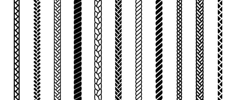 Repeating rope set. Seamless hemp cord lines collection. Black chain, braid, plait stripe bundle. Vertical decorative plait pattern pack. Marine twine design elements for banner, poster, frame vector
