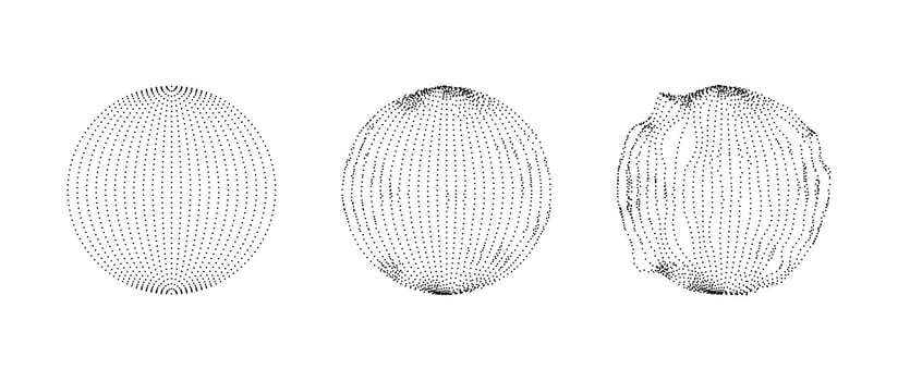 Set of dotted spheres with dissolve effect. Stippled disintegrating circle collection. Halftone textured balls with noise dot work grain. Radial grunge particles. Dot sphere element bundle. vector