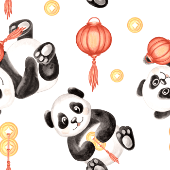 Cute baby pandas with chinese new year attributes watercolor seamless pattern for kids design. Hand drawn illustration black and white bear with lantern. Adorable animal character for children theme. png