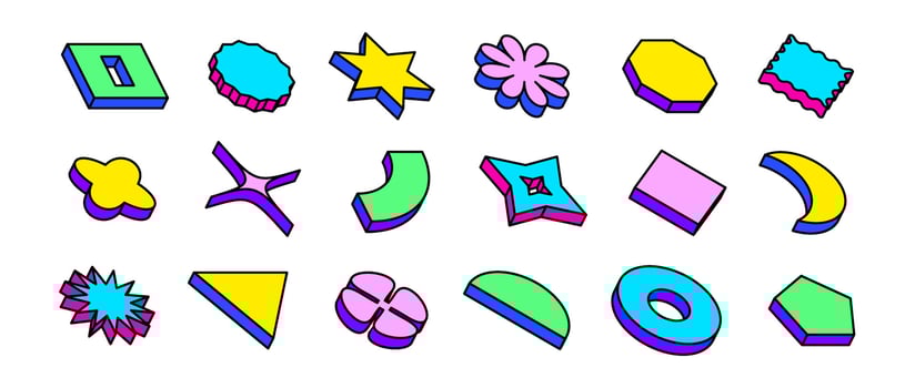 Colorful neon isometric shape set. Bright outline abstract geometric object collection. Retro brutalist pack in Swiss or Memphis style. Vintage arcade game elements for poster, banner. vector