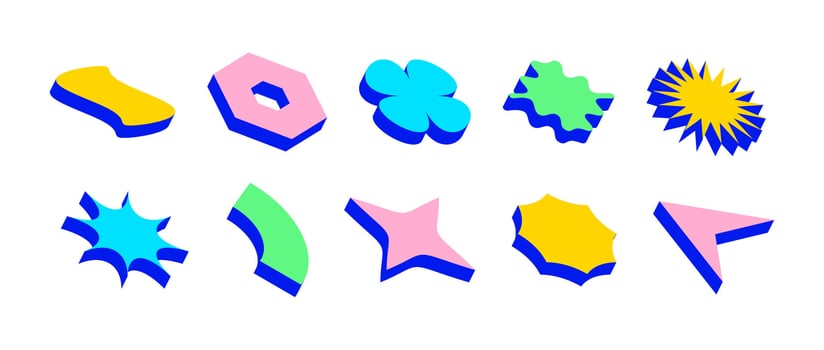 Colorful isometric shape set. Bright volumetric geometric object collection. Retro color brutalist form pack. Vintage abstract elements for poster, cover, banner. Bauhaus or Memphis style pack. vector