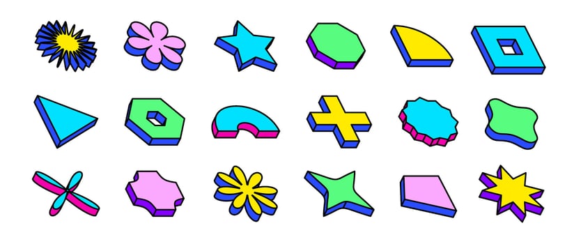 Colorful neon isometric shape set. Bright outline abstract geometric object collection. Retro brutalist pack in Bauhaus or Memphis style. Vintage arcade game elements for poster, cover, banner. vector