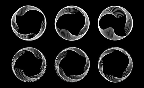 Blend dotted and lined circle frames set. Black white round border collection. Curved wave dot and linear circles on black background. Circular tech border pack. Design element bundle vector