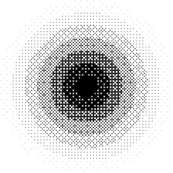 Radial pixelated gradient shape. Black dithered round gradation texture. Retro circle bitmap game background. Halftone 8 bit wallpaper. Vintage circular pixel art element. Overlay backdrop vector