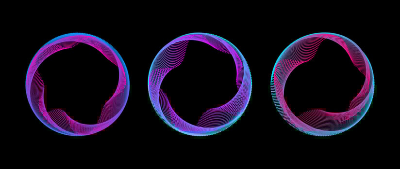 Neon iridescent gradient dotted circle set. Colorful glowing round tech frame collection. Curved wave dot line circles on black background. Bright circular border pack. design element bundle vector