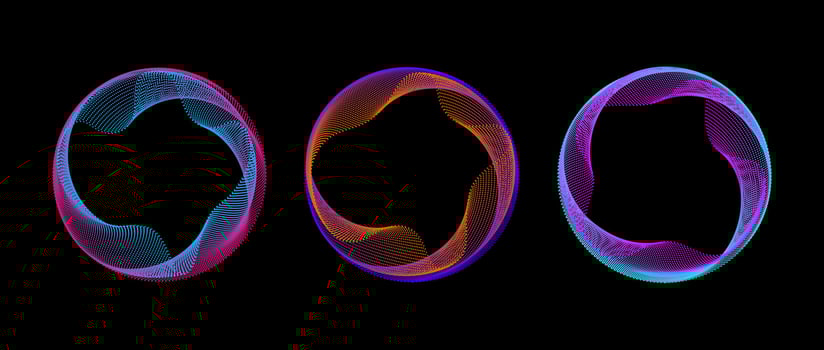 Neon iridescent gradient dotted circle set. Colorful glowing round tech frame collection. Curved wave dot line circles on black background. Colorful circular border pack. Design element bundle vector