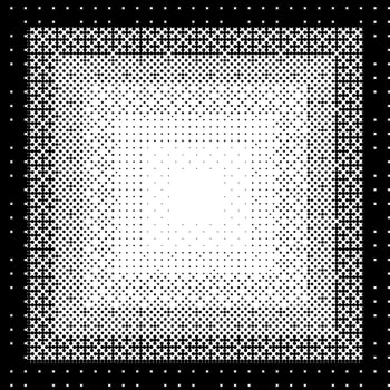 Pixelated gradient square frame. Black dithered radial gradation texture. Retro bitmap game background. Halftone 8 bit wallpaper. Vintage rectangle pixel art border. vector