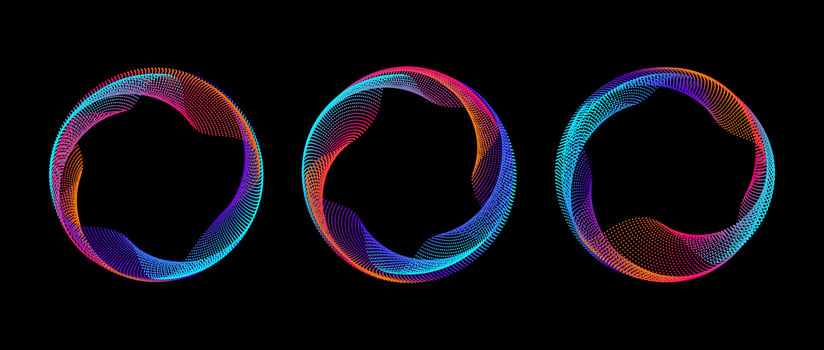 Neon iridescent gradient dotted circle set. Colorful glowing round tech frame collection. Curved wave dot line circles on black background. Bright spinning circular border pack. Element bundle vector