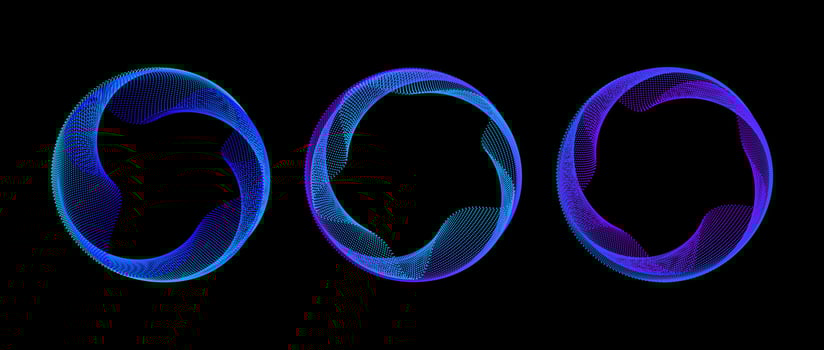 Neon dotted circle set. Blue purple glowing round tech frame collection. Curved wave dot line circles on black background. Bright colorful gradient circular border pack. Design element bundle vector