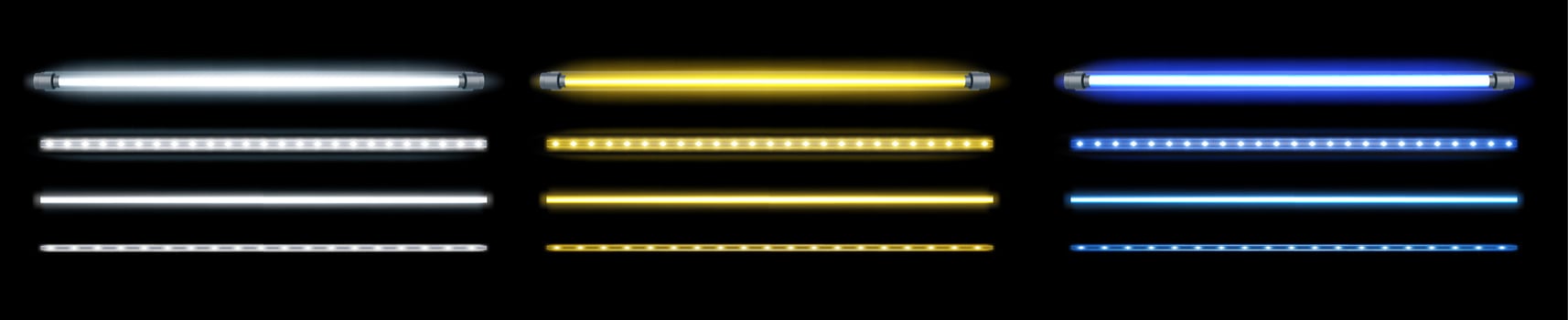 Neon tube lamp. Fluorescent led light white, blue and yellow. Glowing horizontal electric stripe bulb, bright illumination, industrial equipment. 3D realistic set vector