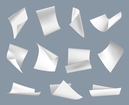 Flying paper. Curled blank white paper sheets floating in air and falling down. 3D realistic A4 letter document, note pages blow wind, scatter sheets. isolated set vector