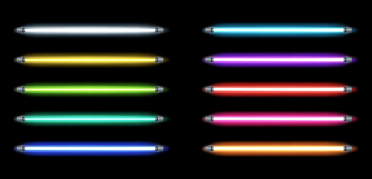 Neon led light. 3D realistic glowing fluorescent neon LED tubes in blue, red and green, pink and yellow, ultraviolet, wall electric light equipment. isolates set vector