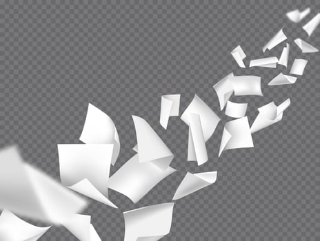 Curled paper sheet flying. Empty papers floating, 3D realistic throwing office A4 document, notebook pages with wind blow, scatter files in perspective. background vector
