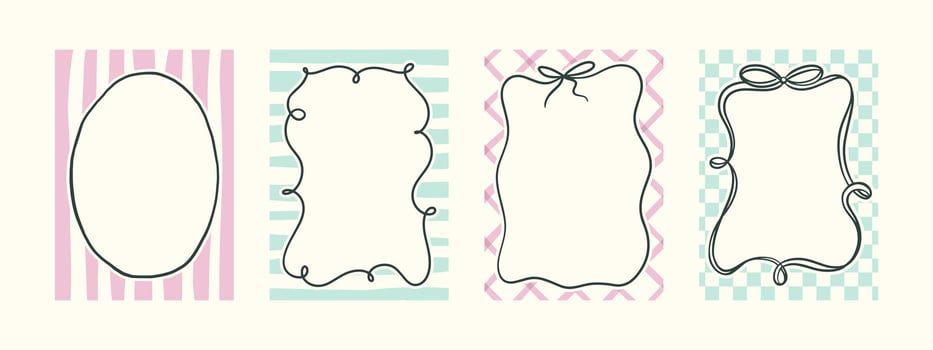 Outline whimsical hand-drawn pink blue orange green color frames with wavy stripes and line in trendy, vintage styles. Perfect for quirky holiday, wedding, birthday gift decorations. vector