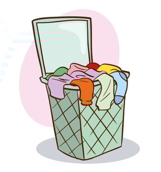 illustration of dirty laundry basket. Pile of stained clothes in basket, smelly socks, dirty jeans and t-shirt. Clothes to be washed in laundromat. vector