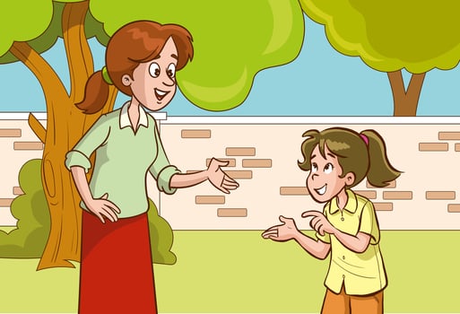 Mother listening to her child, telling, pointing, asking for help, complaining. mother and child talking to each other illustration vector