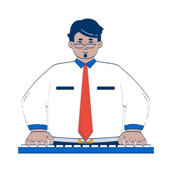 Arab male employee typing on keyboard 2D doodle character. Office worker. Middle eastern businessman computer work cartoon person drawing isolated on white. Hand drawn illustration colorful vector