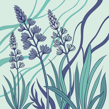 Modern Art Nouveau Floral Botanical Illustration with Lavender and Leaves vector