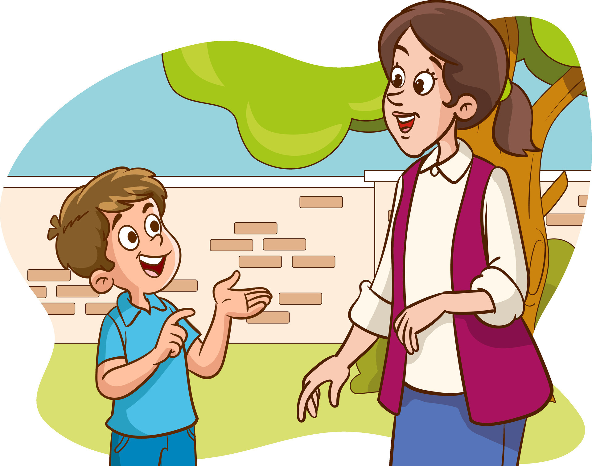 Mother listening to her child, telling, pointing, asking for help, complaining vector