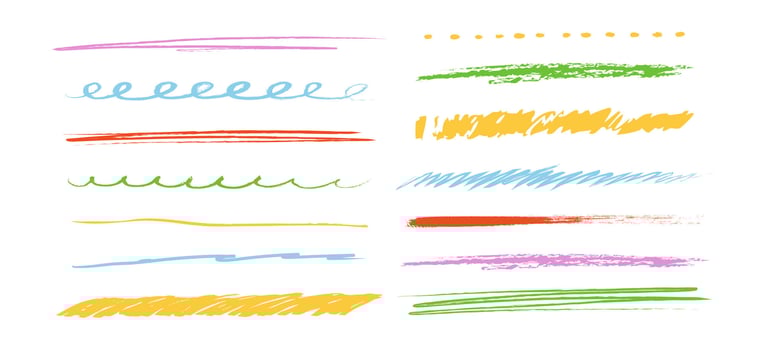 Crayon underline set, pencil wavy and straight chalk kid free hand brush texture. Scribble grunge border simple thin and thick lines. Doodle mark. vector