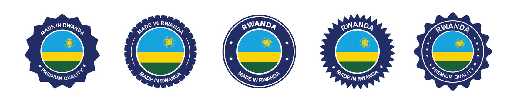 rwanda product label set. rwanda flag, premium made in rwanda . Labels, seals, stamps, flags, icons vector