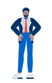 Confident black businessman standing with hands on hips 2D doodle character. African american corporate leader cartoon person drawing isolated on white. Hand drawn illustration colorful vector