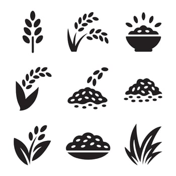 Bold Silhouette Icons of Wheat Stalks and Rice Grains vector