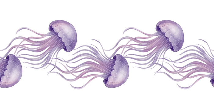 Seamless border with violet jellyfish in watercolor style. Marine life hand-drawn illustration. Isolated on white background. Great for summer designs, packaging, cards, and nautical decor. png