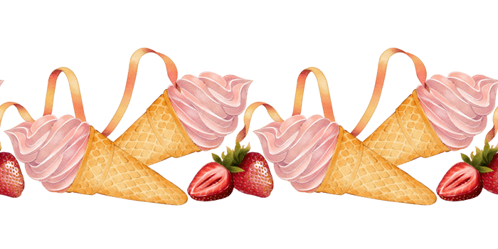 Watercolor seamless border with waffle cones, pink strawberry cream and whole and sliced berries. Isolated on white background. Perfect for packaging, bakery decor and summer sweets projects. png