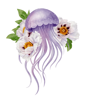 Hand-drawn watercolor illustration of a purple jellyfish surrounded by white flowers and green leaves. on white background. Suitable for summer cards, packaging, decor, beach or ocean-themed designs. png