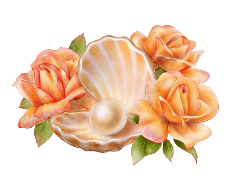 Hand-drawn watercolor illustration of an open seashell with a pearl surrounded by blooming orange roses and green leaves. Isolated on white background. Ideal for cards, packaging, wedding or spa decor png