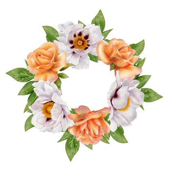 Watercolor hand-drawn illustration of a floral round frame made of white peonies and orange roses with green leaves on white background. Perfect for postcards packaging cards decor and design. png