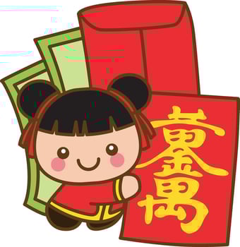 Chinese girl with a lot of envelope. Chinese year items for calendar. vector